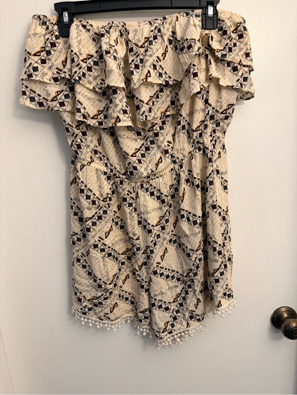 Off-Shoulder Cream Printed Ruffle jumpsuit